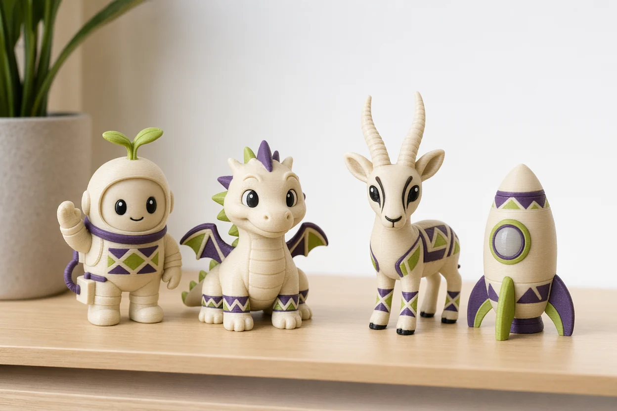 A row of 3D-printed Kovuna characters: a seed astronaut, a dragon, a springbok and a rocket