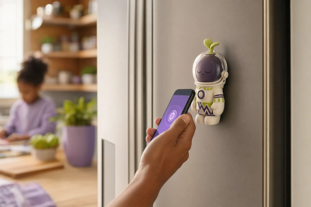 A 3D-printed Kovuna seed-astronaut character on a fridge, tapped with a phone to contribute