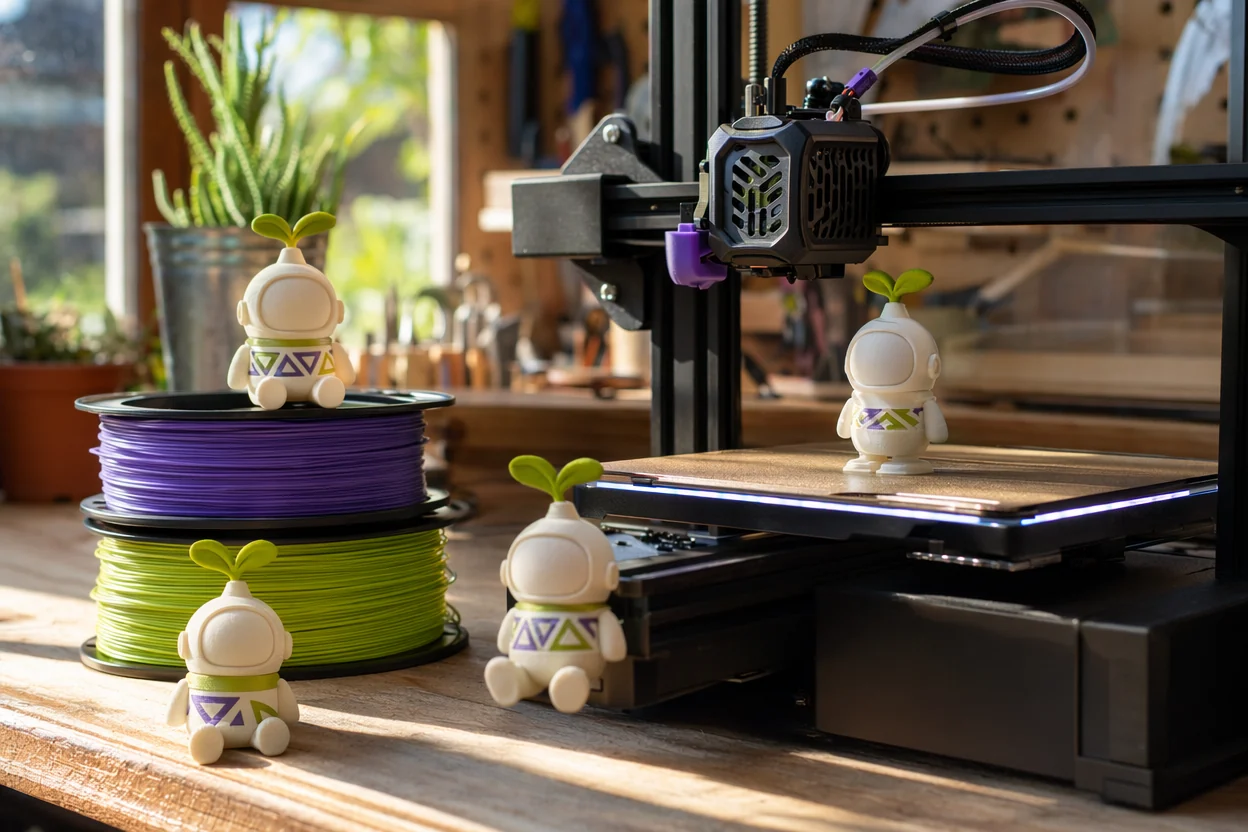 A 3D printer making a Kovuna seed-astronaut character on a maker's desk